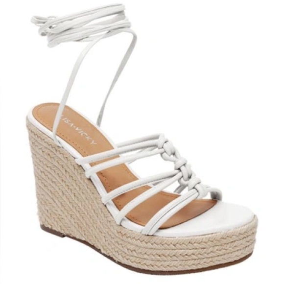 NIB Lisa Vicky Gaze White Leather Ankle Wrap Platform Espadrille Wedge Sz 8.5 - Picture 1 of 13